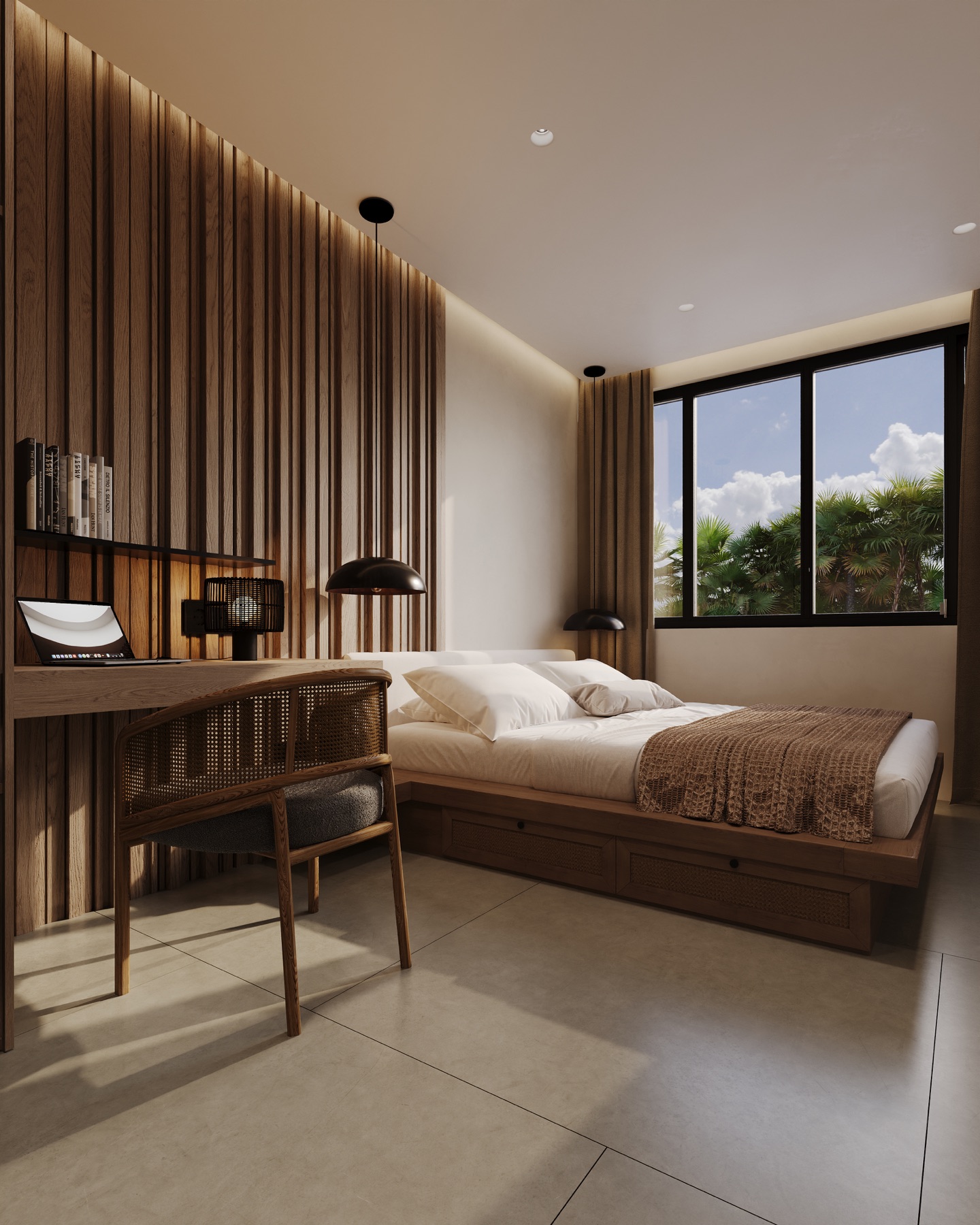 08_Concept_Visualization_Two_Bedroom_Unit Modern bedroom with a wood slat accent wall, desk with laptop, and a large window showing greenery outside.