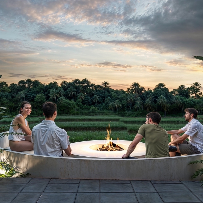 Group of four people sitting around a glowing fire pit in a circular concrete seat, tropical plants bordering the scene at sunset.