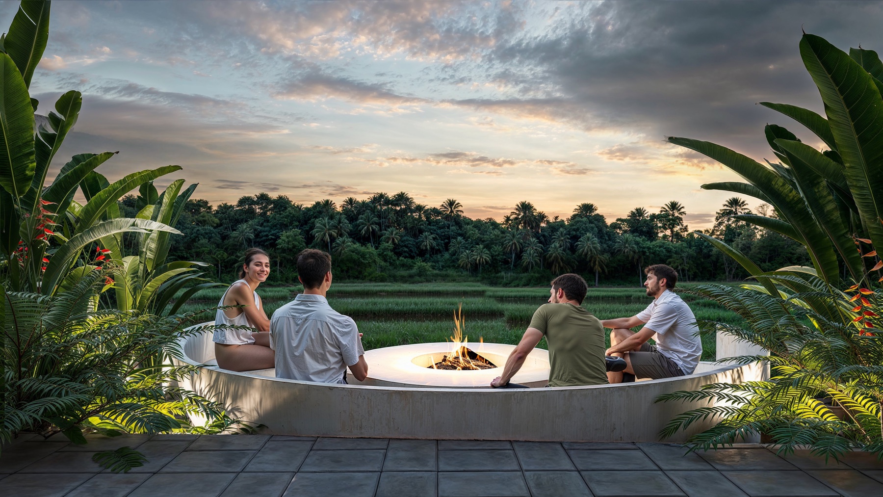 09_Concept_Visualization_Bonfire_Area Group of four people sitting around a glowing fire pit in a circular concrete seat, tropical plants bordering the scene at sunset.
